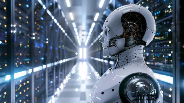 Artificial Intelligence in Data Center: A futuristic humanoid robot stands in a brightly lit data center, surrounded by rows of servers, symbolizing advanced technology and digital innovation.