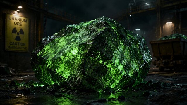 Uranium ore chunk emitting green light in industrial facility