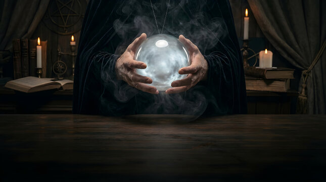 Person holding a glowing crystal ball on a dark wooden table