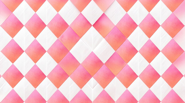 Geometric diamond pattern in pink and white, soft watercolor texture background, elegant harlequin mosaic for stationery and web design