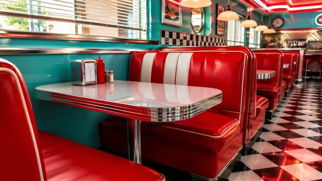 Retro diner booths empty in classic american diner interior