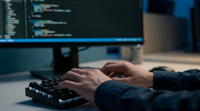 Programmer typing code on a mechanical keyboard at a computer desk