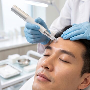 An Asian man with eyes closed receives a hydrafacial treatment as a gloved specialist uses a facial device, a dermatology and skincare concept.