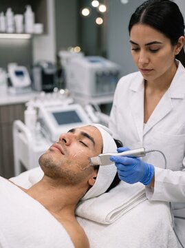 A man lies relaxed as a female doctor performs a radiofrequency skin tightening treatment on his jawline in a modern dermatology clinic.