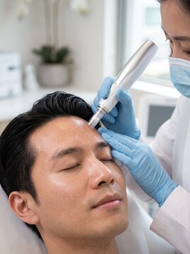 An Asian man with eyes closed receives a hydrafacial treatment as a gloved specialist uses a facial device, a dermatology and skincare concept.
