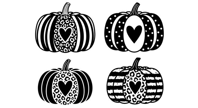 Hand drawn black and white pumpkins with heart designs for autumn and halloween decor