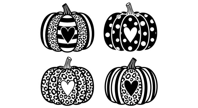 Four hand drawn black and white pumpkins with different patterns for autumn and halloween designs