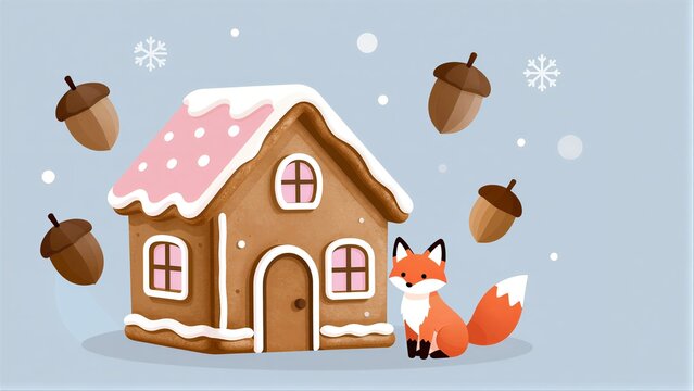 Gingerbread house with fox, acorns, and snowflakes in a cozy winter scene.