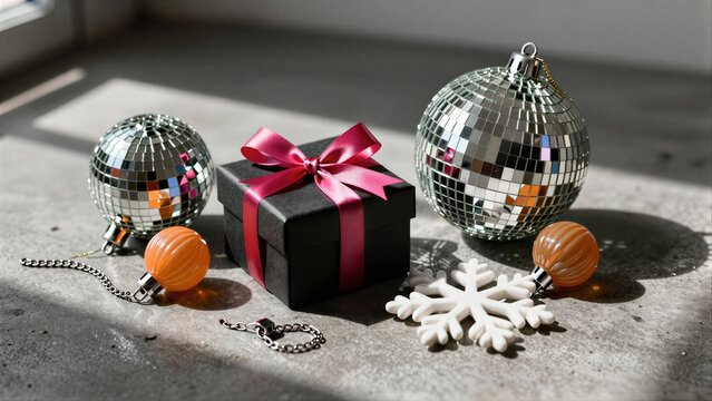 Shiny disco balls, gift box, and festive ornaments on sunlit concrete surface.