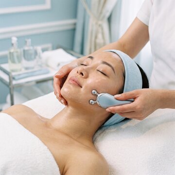An Asian woman relaxes as a specialist uses a microcurrent facial massage device on her cheek, a skincare and beauty treatment concept.