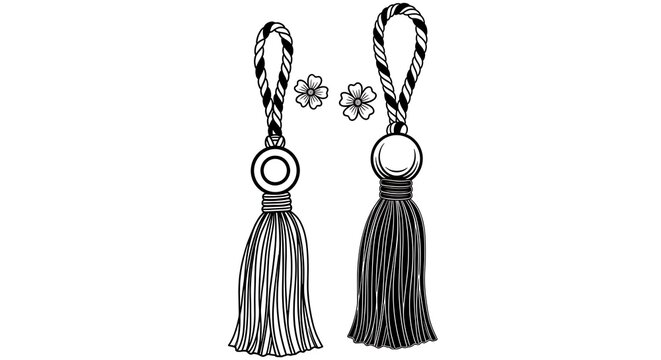 Vintage style black and white illustration of two decorative tassels with ornamental details