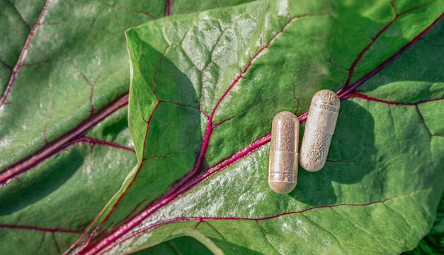 Herbal supplement capsules representing natural medicine and organic nutrition, placed on vibrant green beetroot leaf under sunlight
