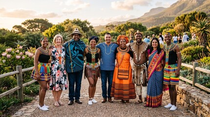 Fototapeta premium Diverse group of multicultural people standing together outdoors wearing traditional African attire, casual clothes, and Indian saree in a park
