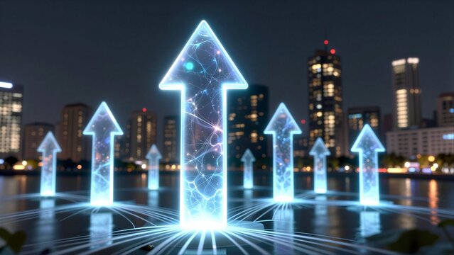 Glowing arrows rise above city skyline, symbolizing progress and innovation at night.