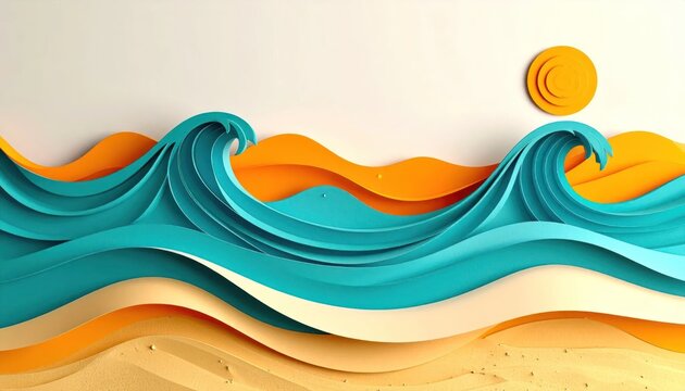 Stylized paper cut ocean waves on a sunny tropical beach