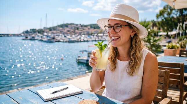 Woman in straw hat drinking yellow beverage with lemon and mint at blue table with open note book overlooking water and boats at Amalfi coast.