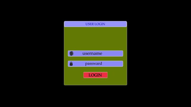 Typing User name log in system token. User name and password input log n screen button computer with check mark verification on black background.