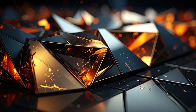 Abstract glowing amber and black 3D geometric crystal background