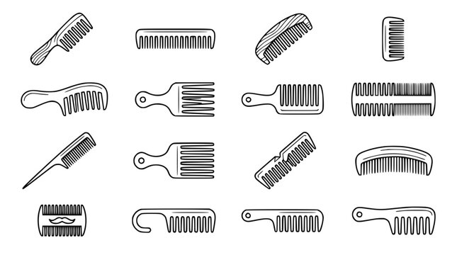 Hand Drawn Black and White Line Art Vector Icon Set of Various Combs for Hairdressing, Barber, and Personal Grooming Industry.