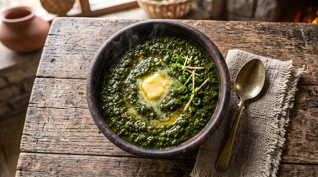 Traditional Sarson ka Saag with butter in clay bowl. Authentic Indian spinach curry on rustic wooden table. Healthy vegetarian Punjabi food.