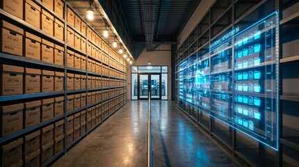 Obraz premium A large warehouse or archive room featuring neatly stacked brown boxes with a glowing blue digital data interface overlay.