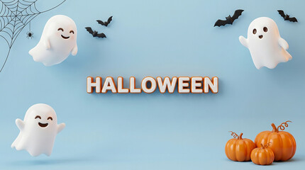 Obraz premium Cartoon ghosts and bats with halloween pumpkins isolated on light blue background