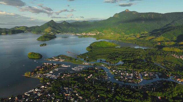 Aerial view of the Marina Bracuhy near the town of Angra dos Reis in Brazil on sunrise