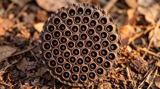 Dried lotus seed pod on autumn forest floor, brown organic texture of lotus flower head, natural botanical pattern in golden light
