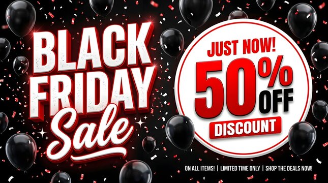 Black friday sale banner with 50 percent discount and balloons