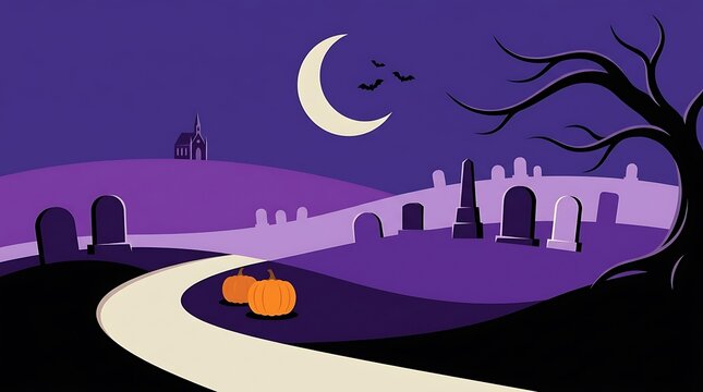 Orange pumpkin rolling down a spooky cemetery road at night