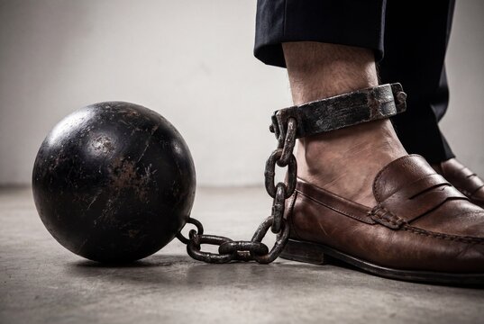Business Concept of Professional Burden and Career Confinement with Metal Ball and Chain
