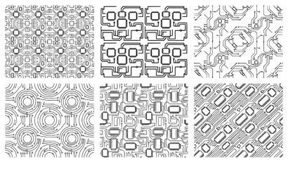Fototapeta premium Futuristic Microchip Geometry Seamless Patterns for Monochrome Circuit Technology Backgrounds