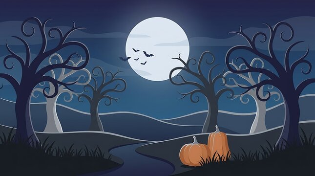 Pumpkin and bats under a full moon in a spooky forest night scene