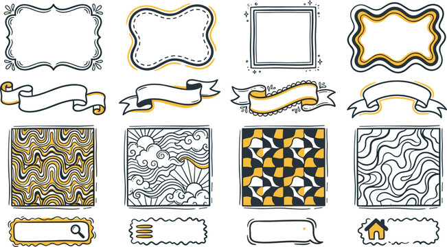 PrintVintage Retro Doodle Frame and Ribbon Banner Set with Hand Drawn Groovy Psychedelic Abstract Patterns Japanese Clouds and Essential Website UI Navigation Elements
