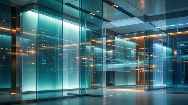Futuristic corporate office interior featuring transparent glass partitions, teal and orange ambient lighting, digital data visualizations, and modern metallic architectural design.