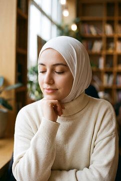 Middle Eastern woman wearing white hijab peaceful indoor portrait with bookshelf
