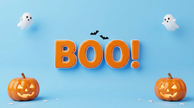 Halloween pumpkins with spooky ghosts and bats saying boo