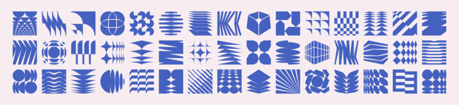 Abstract geometry shapes, logo designs, vector elements. Modern brutalist icons, symbols, postmodern brutal forms, distorted shapes. Distortion patterns, abstract geometry prints, design elements