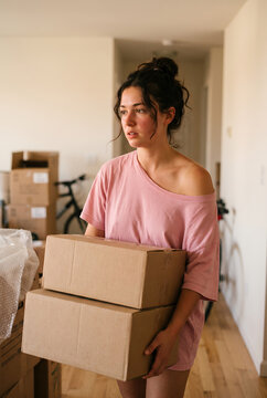 Young Asian woman carrying cardboard boxes in apartment move