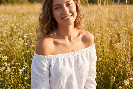 Young woman in off-shoulder blouse smiling in flower field