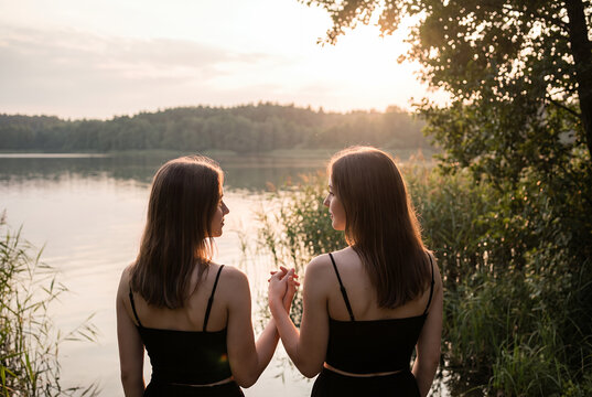 Two young women by lake at sunset holding hands