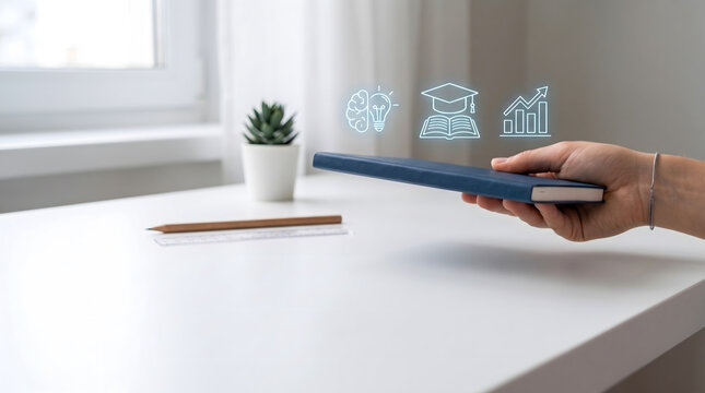 Education and Knowledge Sharing Concept with Book and Glowing Educational Icons
