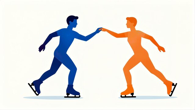 Two skaters, blue and orange, glide gracefully, hands joined in sync.