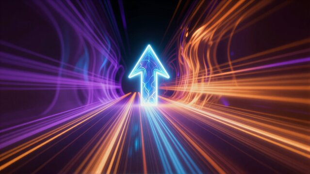Neon arrow pulses forward through vibrant, swirling light tunnel of purple and orange hues.
