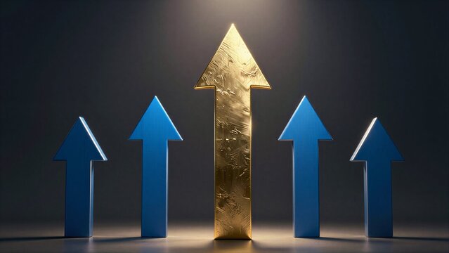 Golden arrow stands tall, surrounded by blue ones, symbolizing leadership and growth.