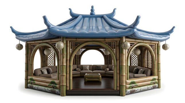 Luxury bamboo garden pavilion with blue roof and comfortable lounge seating area