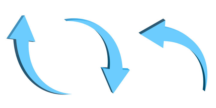 Blue 3d curved arrows pointing up , down and right