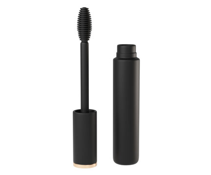3D Matte Black Mascara Wand and Tube Isolated. Premium makeup branding for Skincare, beauty industry, cosmetics, apps, and beauty salons. 3d render
