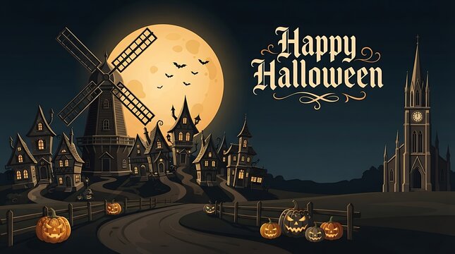 Happy halloween illustration with jack o lanterns and haunted village