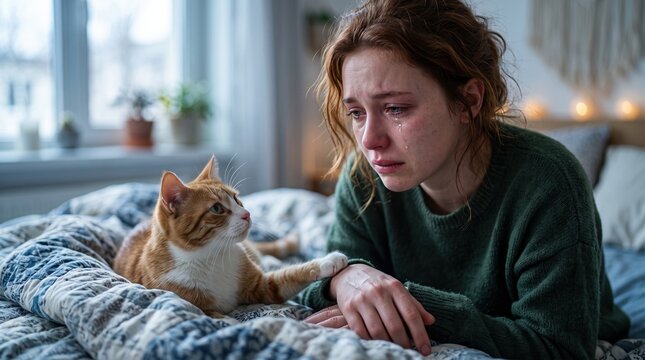 Young woman crying in bed with her cat showing empathy